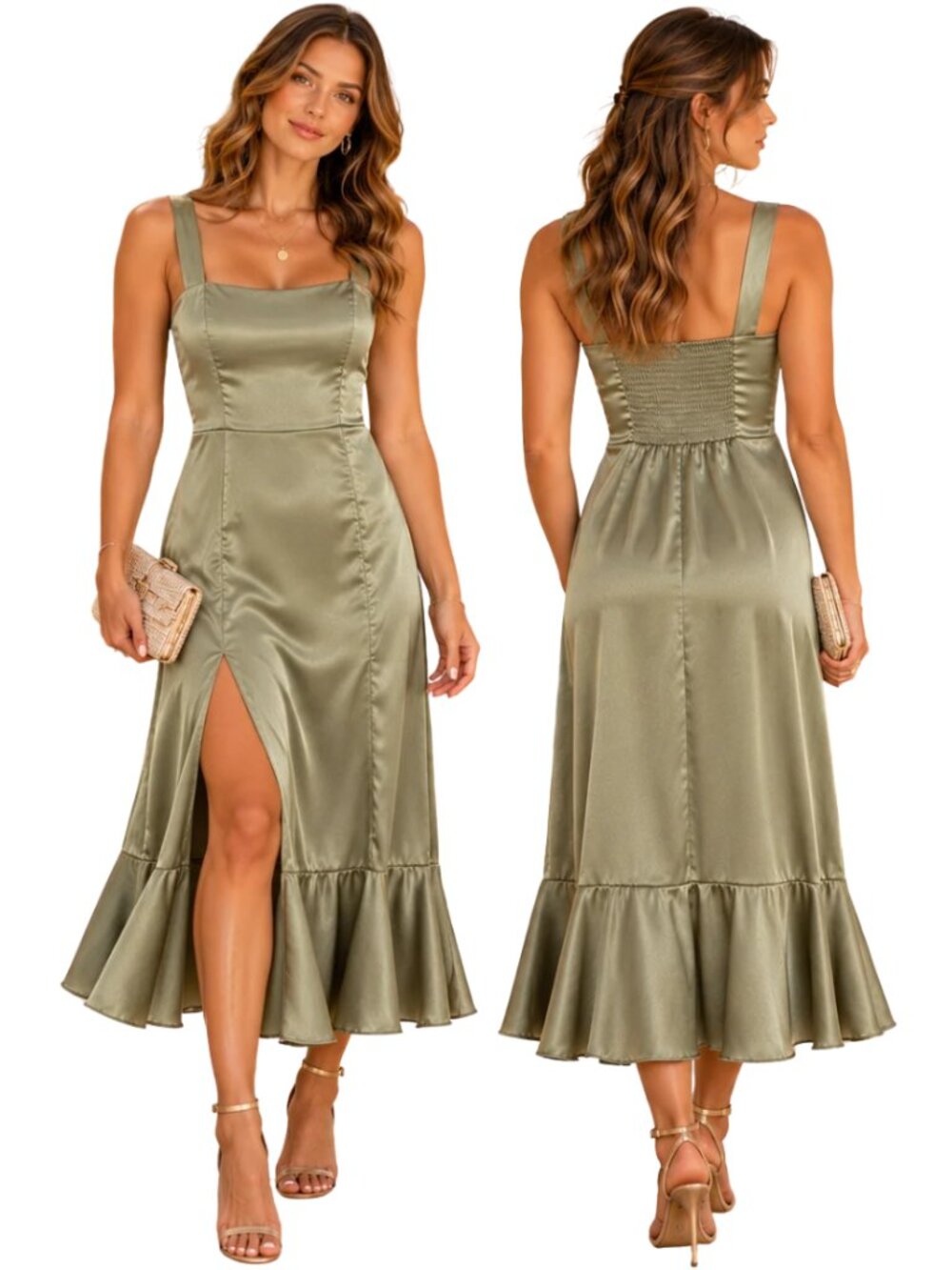 Show Me Your Mumu Claire Midi Dress Womens XL Moss Green Luxe Satin Wedding Chic